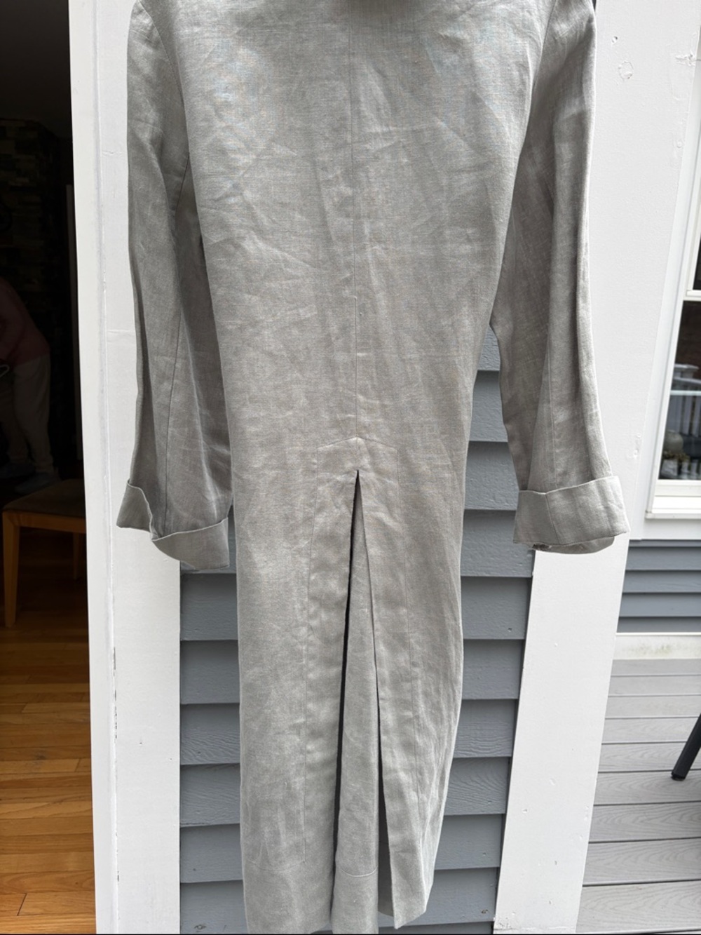 Light Gray Long Linen Women's Coat with Ruffle Collar - Picture 5 of 9